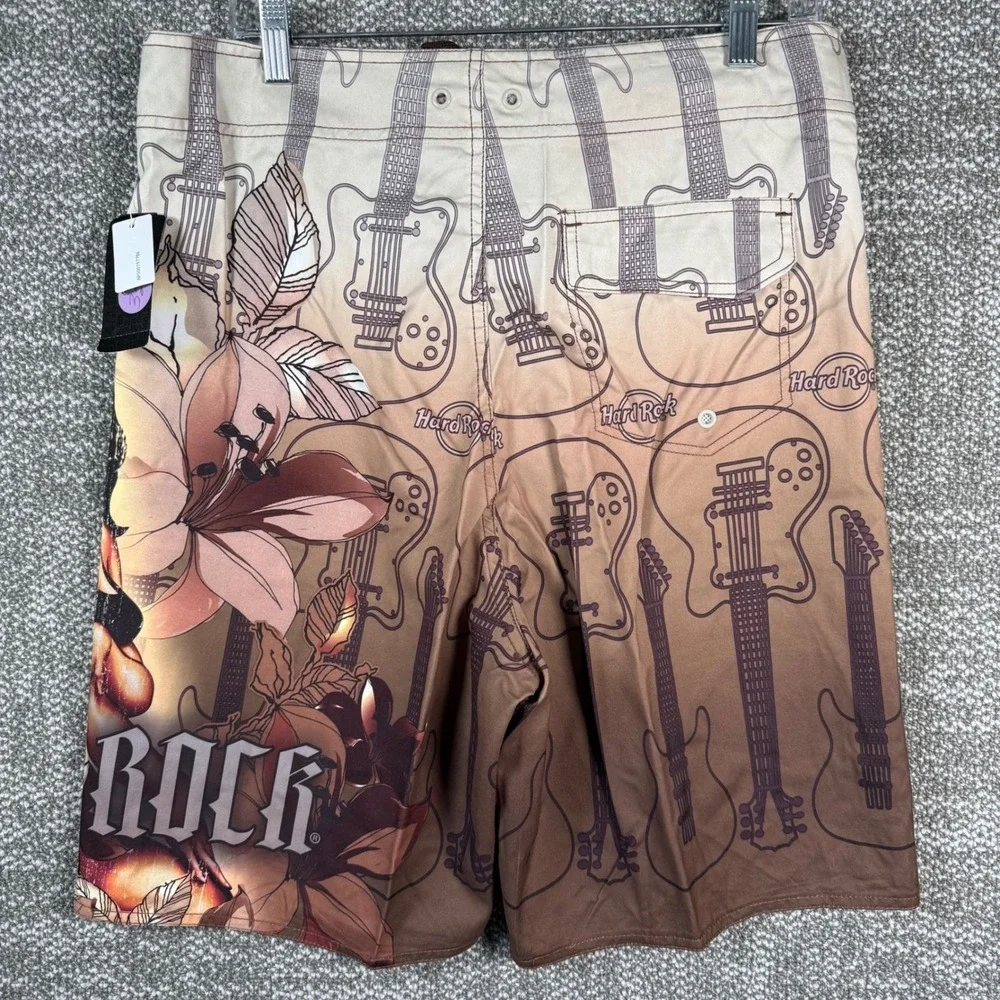Hard Rock Boardshorts Vintage Surf Pinup Mens 32 Brown Guitar Graphic Swim Trunk